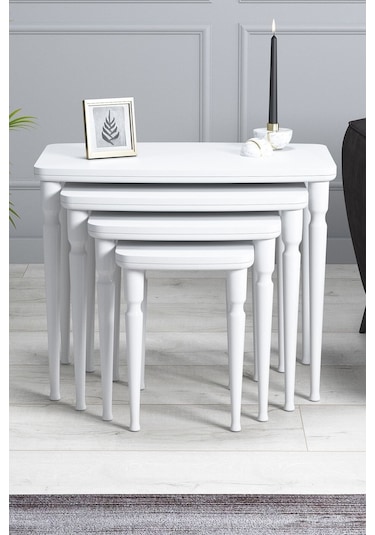 Imaj Mdf Ve Lake Boya, Beyaz 4lü Zigon Sehpa Takımı, Beyaz Gürgen Ayaklar Sehpalar Beyaz Ayaklar Beyaz