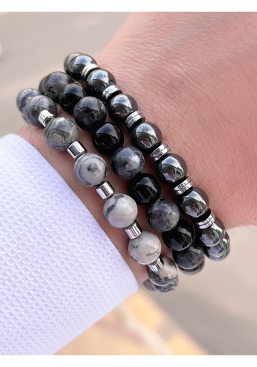 Nursaat 3 Lü Özel Tasarım Unisex Doğal Taş Bileklik Jasper-hematit-onix 08 Renkli
