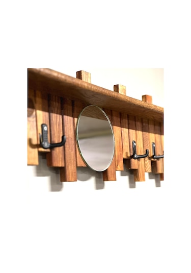 Ahşap Duvar Ve Kapı Askısı Pormanto Askı Elbise Çanta Askısı Aynalı Model 6 Askılı Raflı Meşe