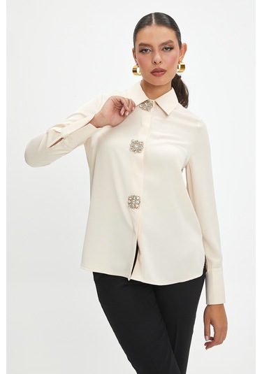 Kadın Taş Düğme Detaylı Gömlek - Bej