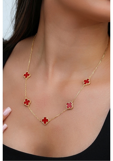 14k Altın Kaplamalı 925 Ayar Gümüş Granada Saray Yoncaları Kolye - Kırmızı 23182801 Altın