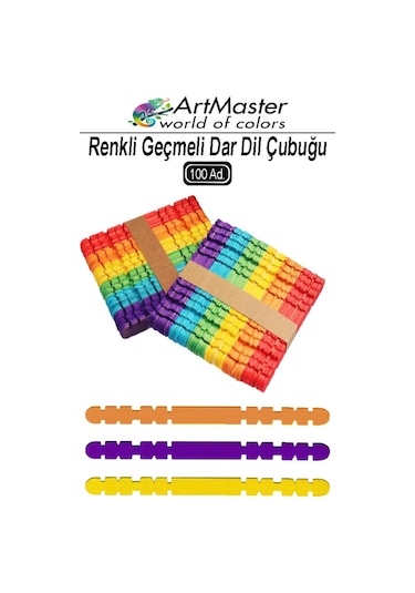 Renkli Dil Çubuğu Geçmeli Dar 100 Lü 1 Paket Ahşap Çubuk Çentikli Eklemeli Renkli Tırtıklı Dondurma Çubuğu