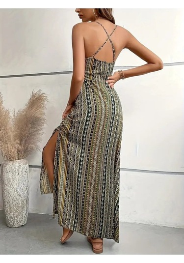 Kadın Ip Askılı Sırttan Çapraz Detaylı Yırtmaçlı Desenli Süprem Elbise Yeşil