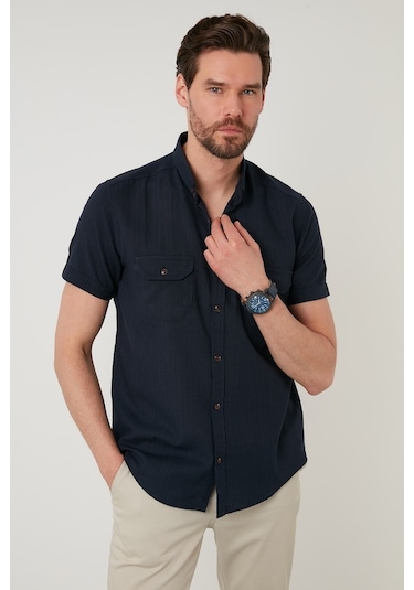 Buratti Düğmeli Yaka Pamuklu Slim Fit Cepli Erkek Gömlek Cf21S111153 Lacivert