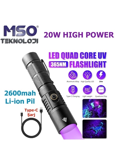 Mso Profesyonel 20watt Uv 365nm Değerli Taş Type-c Led Fener Siyah