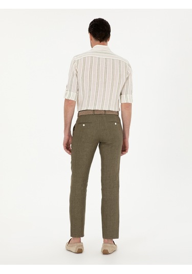 Cacharel Haki Slim Fit %100 Keten Pantolon Yesıl