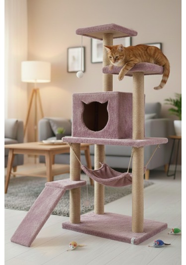 Missidea S9 Kedi Tırmalama Kulesi Platformlu 124 Cm Gül Kurusu