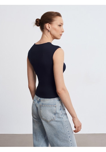 Dilvin 21054 Büzgülü Basic T-shirt-Koyu Lacivert