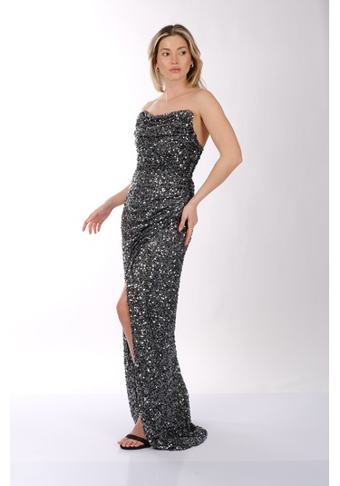 Pul Detaylı Abiye Elbise Dori 00kb7070 Antrasit