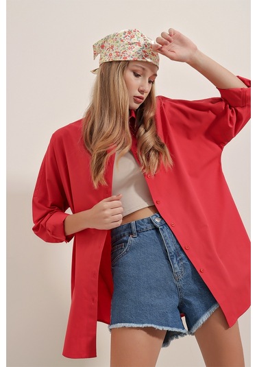 Bigdart 3900 Oversize Uzun Basic Gömlek - Kırmızı 001