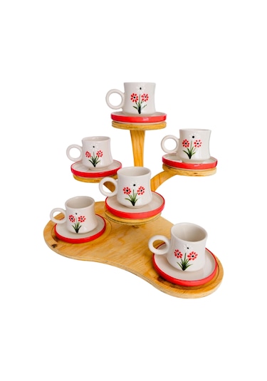 6 Lı Takım Kırmızı Papatya Desenli, El Yapımı Kazan Seramik Kahve Fincanı, Kahve Fincanı, Hand Made Beyaz