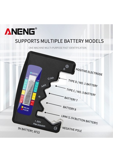 Springsun Siyah Abs Pil Test Cihazı - D, C, Aa, Aaa, N, 9v Ve 1.5v Düğme Pillerini Test Eder - Hafif Ve Taşınabilir Siyah