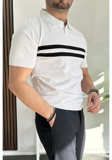 Erkek Açık Yaka Çizgli Tişört Beyaz Edw236 Beyaz
