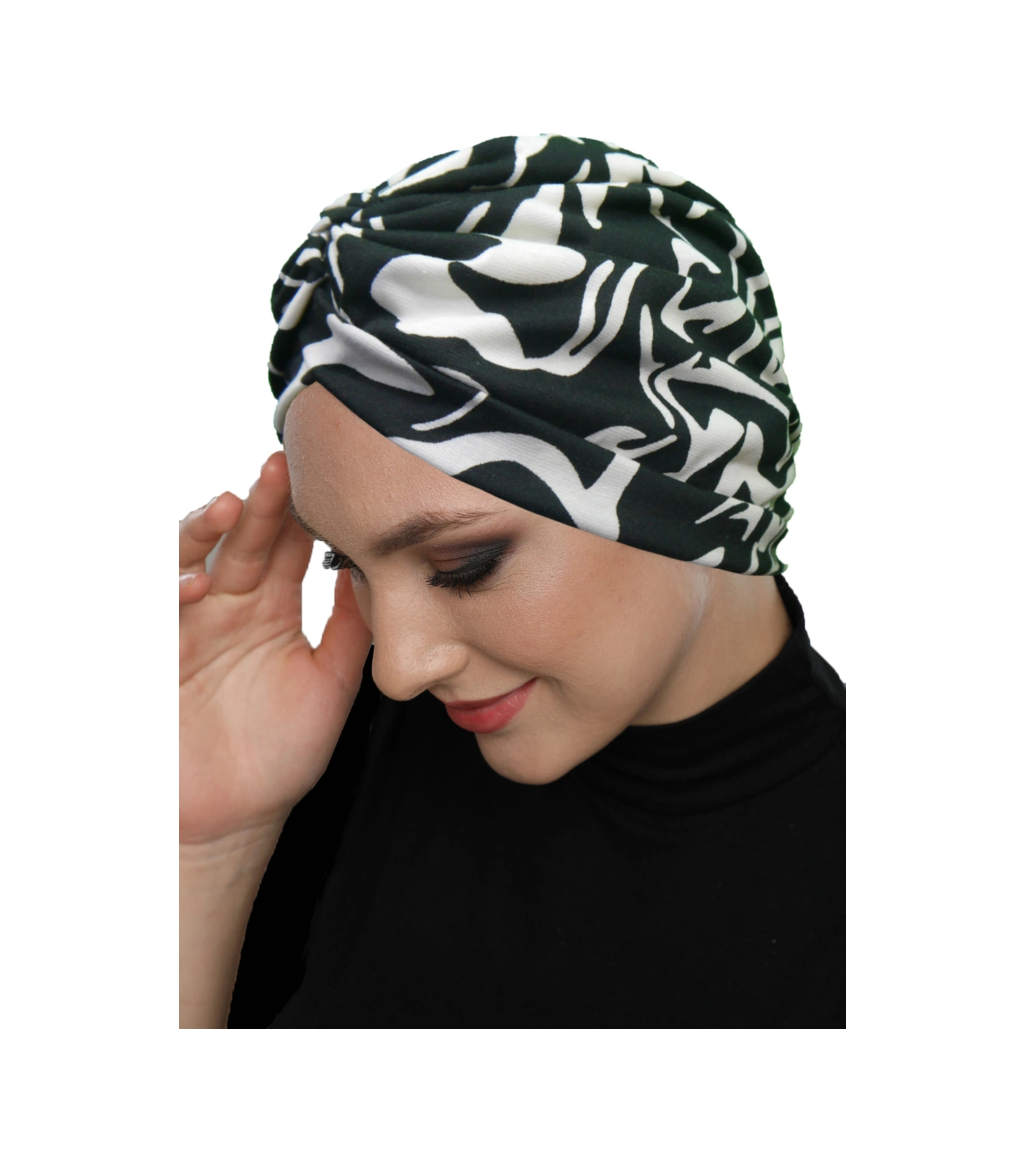 Gölge Dansı Desenli Çapraz Ve Bant Detaylı Astarlı Hazır Türban Tesettür Havuz Bonesi Siyah-krem