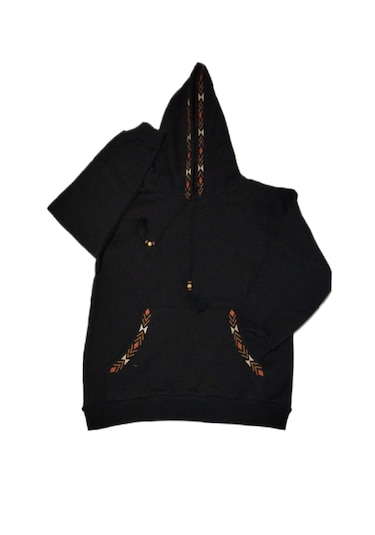 Bigdart Kadın Oversize Kapşonlu Şardonlu Nakışlı Üç İplik Siyah Kadın Sweatshirt SiYAH