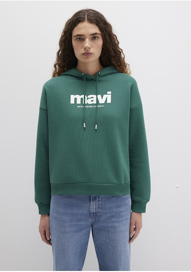 Mavi - Mavi Logo Baskılı Yeşil Kapüşonlu Sweatshirt 168334-71874 Yeşil