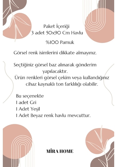 3 Lü Renkli El Yüz Havlu Seti %100 Pamuklu Natural Harmony Yeşil