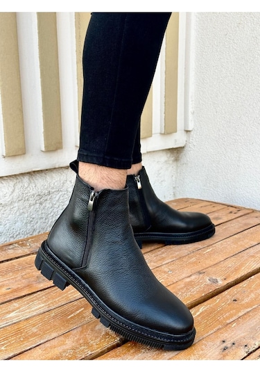 Muggo Chelsea Hakiki Deri Çift Fermuarlı Garantili Erkek Kışlık Bot 001