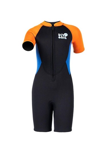 Dıve & Saıl 2.5mm Kısa Kollu Tek Parça Sıcak Çocuk Wetsuit Şnorkel Soğuğa Dayanıklı Mayo Siyah - Turuncu