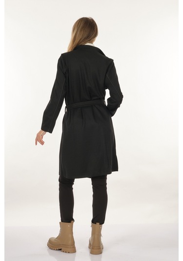 Tdee Concept Kruvaze Yaka Bağlama Detaylı Siyah Kadın Kaban 22295004 001