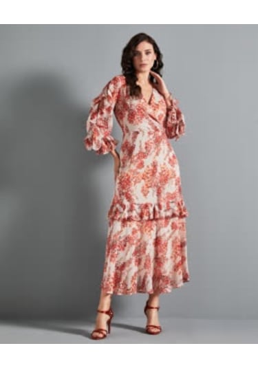 Çiçek Desenli Kadın Elbise - Katlı Etek Detaylı - Fırfırlı Kol - V Yaka - Modern Ve Şık Tasarım - Günlük Ve Özel Gün İçin Elbise Bej