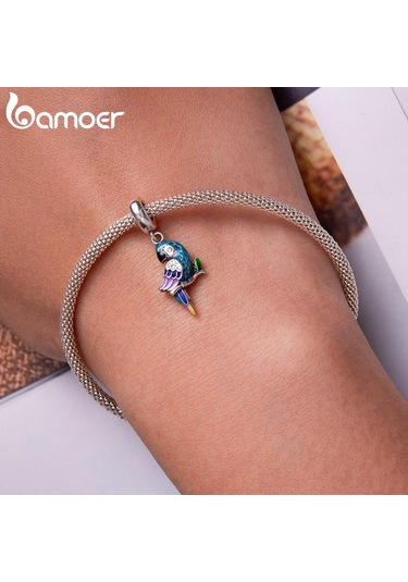 Bamoer 925 Ayar Gümüş Canlı Parlak Papağan Kolye Charms Bilezik Ve Bileklik Zarif Kuş Charms Kadınlar İçin Fit Güzel Takı Gümüş