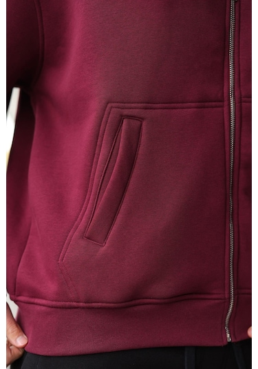 Madmext Bordo Fermuarlı Kapüşonlu Erkek Hırka E7174 Bordo