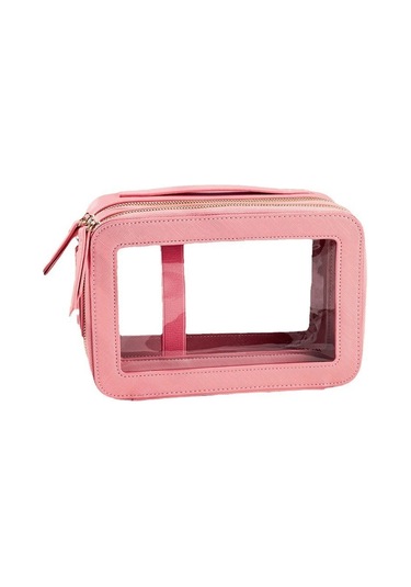 Sones Çift Katmanlı Pvc Su Geçirmez Seyahat Kozmetik Saklama Paketi Büyük Kapasiteli Islak Ve Kuru Ayırma Şeffaf Skylight Pu Çanta Gül Kırmızısı