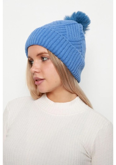 Kalın Ponponlu İçi Yünlü Kadın Bere Rkş-17 Mavi Mavi