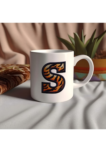 S Harfi Kaplan Figürlü Nakış Desenli Kupa Bardak - Kişiye Özel Vahşi Hayvan Desenli Kupa - Hediye Beyaz