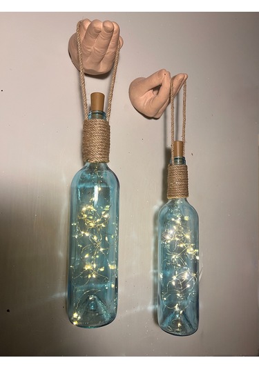 El Figürlü Duvar Lambası Pilli Led Işıklı Dekoratif Mavi Boyalı Cam Şişe Aydınlatma Vintage El Y Mavi