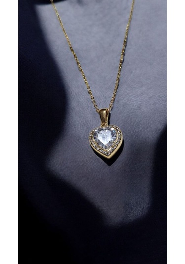 Işıltılı Taşlı Kalp Kolye Altın Renk Zarif Kadın Takı Modeli