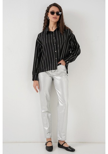 Gülsüm Aydın 5924 Gümüş Çizgili Gömlek - Siyah Siyah