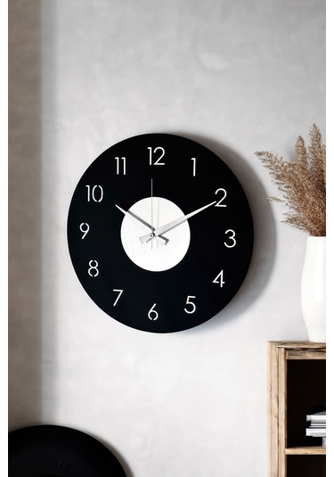 Ahşap Dekoratif Phact Gümüş Aynalı Duvar Saati 48cm Siyah - Gümüş