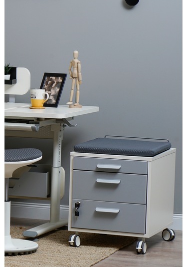 Creo Mobili Çekmeceli Kilitli Tekerlekli Vega Keson, Oturulabilir Ofis Ve Ev Komodini, Ekru/antrasit