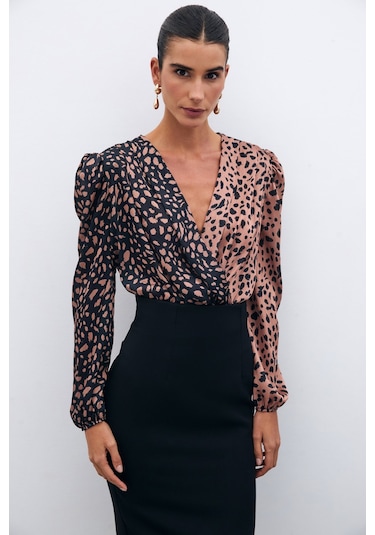 Kruvaze Desenli Bodysuit 135567 Siyah - Camel