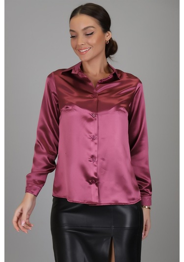 Sweetness Kadın Gül Kurusu Saten Uzun Kol Abiye Gömlek Gülkurusu