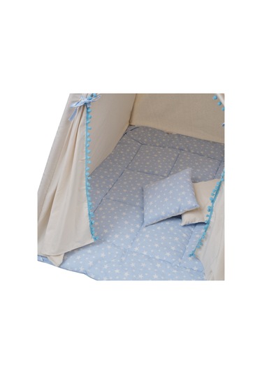 Exorbaby Lüks,büyük Boy,ahşap Ve Pamuklu Naturel Kumaş,toplanmaz,devrilmez,puf Minderli Oyun Çadırı Mavi