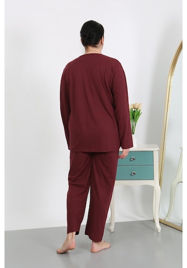 Akbeniz Kadın Büyük Beden Uzun Kol Penye Pijama Takımı Bordo 202501 Bordo