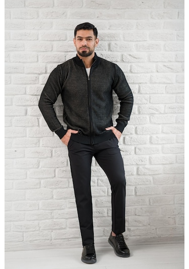 San&fa Dik Yaka Çizgili Fermuarlı Regular Fit Yünlü Triko Hırka Siyah