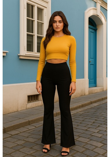 Munn Collection Kadın Yüksek Bel Ispanyol Paça Dalgıç Tayt SiYAH