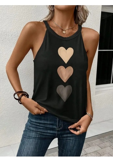 Kadın Omuzlardan Açık Boyundan Askılı Kalp Baskılı Viskon Bluz Siyah