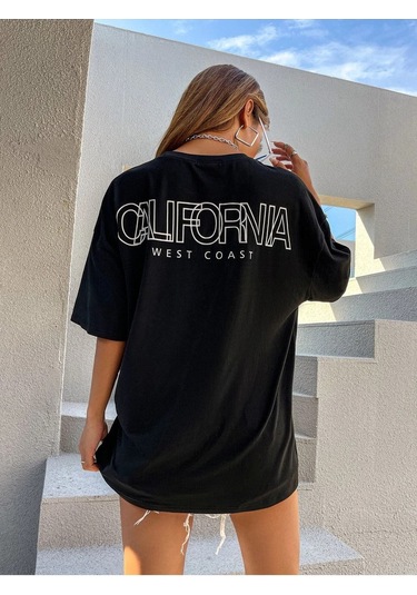 Kadın Siyah Oversiz California Baskılı Örme T-shirt Siyah
