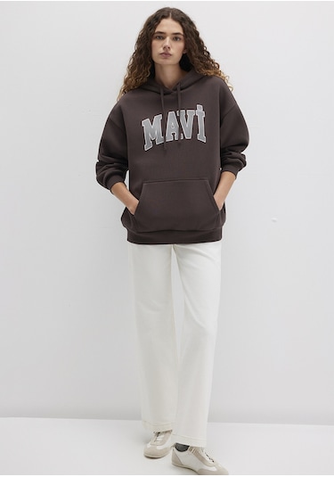 Mavi - Mavi Logo Baskılı Kapüşonlu Kahverengi Sweatshirt 1600361-70222 Kahverengi