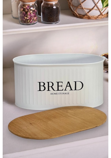 Ahşap Kapaklı Metal Ekmeklik Beyaz Modern Tasarım Beyaz