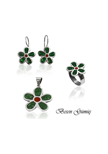 Mozaik Malakit Ve Mercan Çiçek Model Özel Tasarım El Yapımı Gümüş Set Rose Gold - Gümüş