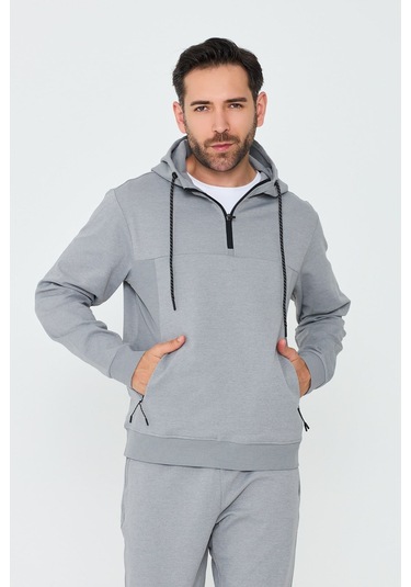 White Stone Gri Kapüşonlu Yarım Fermuarlı Yandan Cepli Erkek Sweatshirt Grey