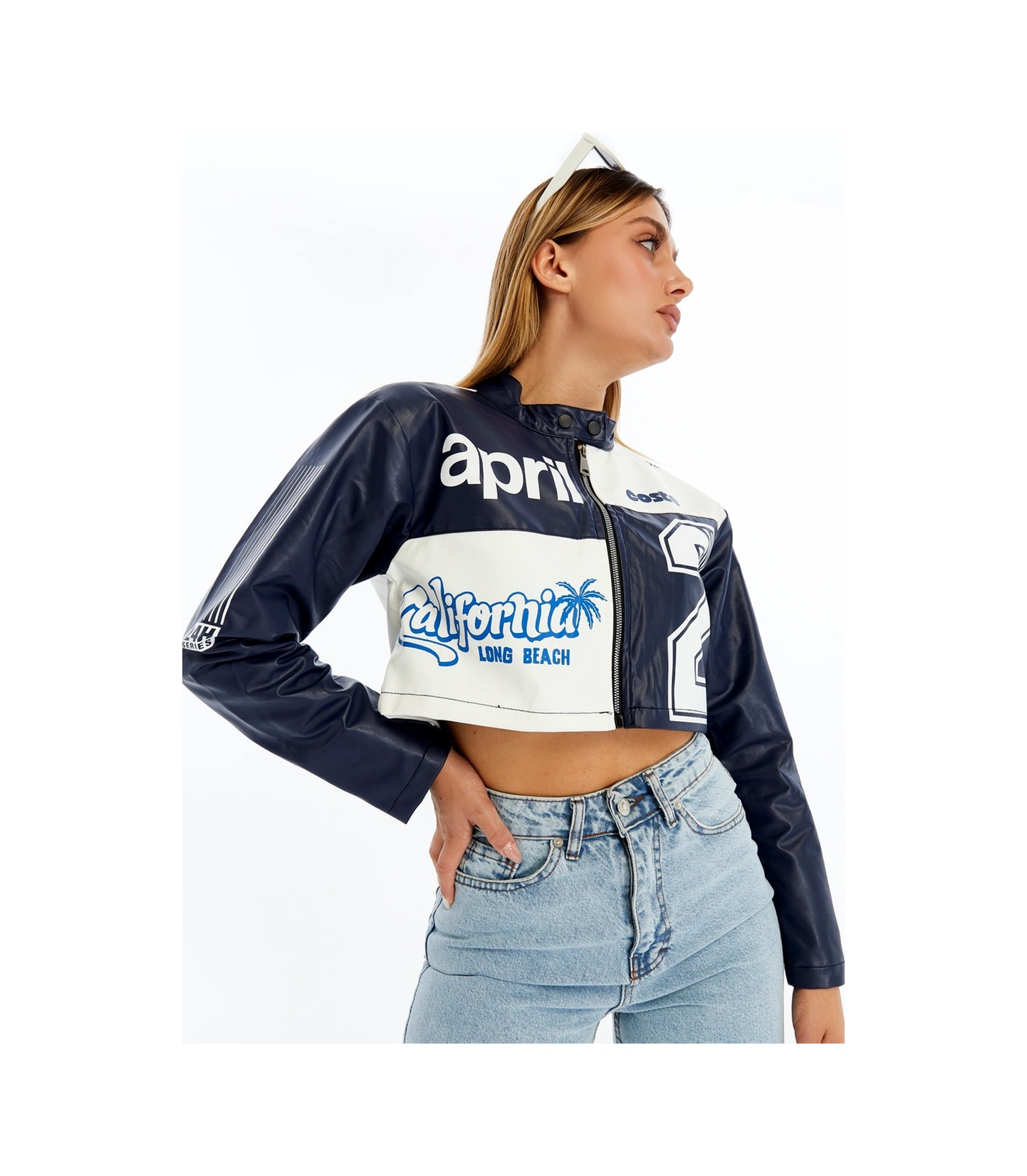 Kadın Crop Deri Ceket Renkli Baskılı Motorcu Stil Mont - Kısa Ceket Çok Renkli Mont - Hakim Yaka Lacivert