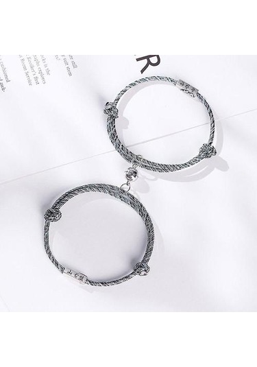 Dostluk Halat Örgülü Mesafe Çift Manyetik Bilezik 2 Adet Altın - Bej