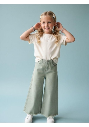 Zekids Kız Çocuk Pamuklu Paçaları Püsküllü Pantolon-16677 Yeşil